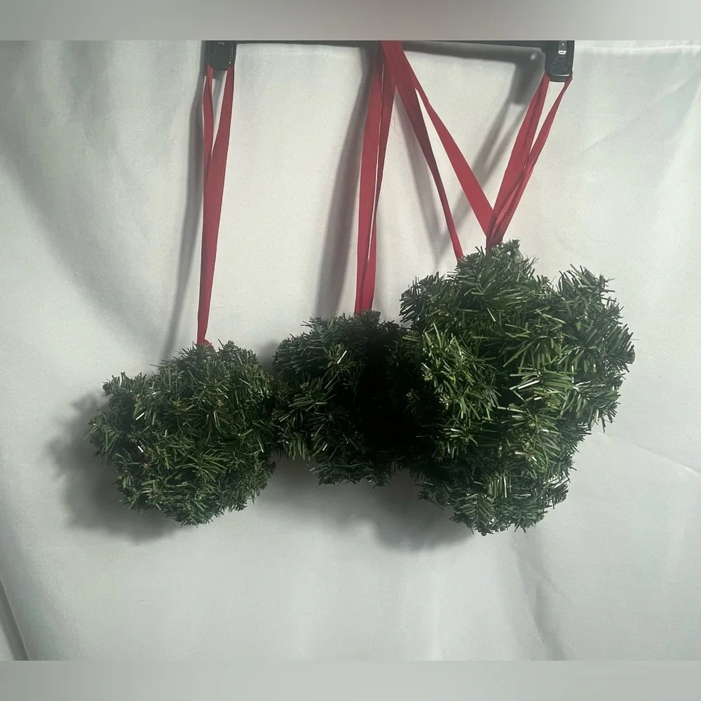 Set of 4 Mini Round Artificial Christmas Wreaths on Red Velvet Hanging Ribbons